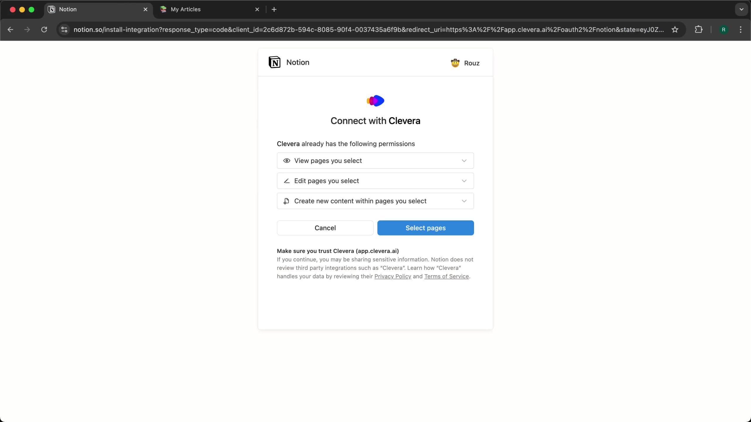 Notion authorization page showing requested permissions